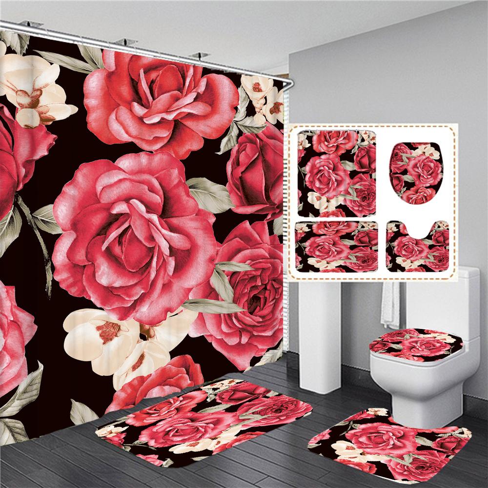 Flower Print Shower Curtain European Style Floral Waterproof Bathroom Curtains Home Decoration Non-Slip Rugs Bath Mat Set