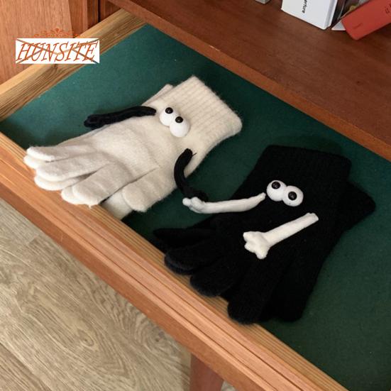 1 Pair Linking Couple Gloves, Magnetic Suction, Knitted Full Fingers, Funny Big Eyes, Winter Warm Gloves