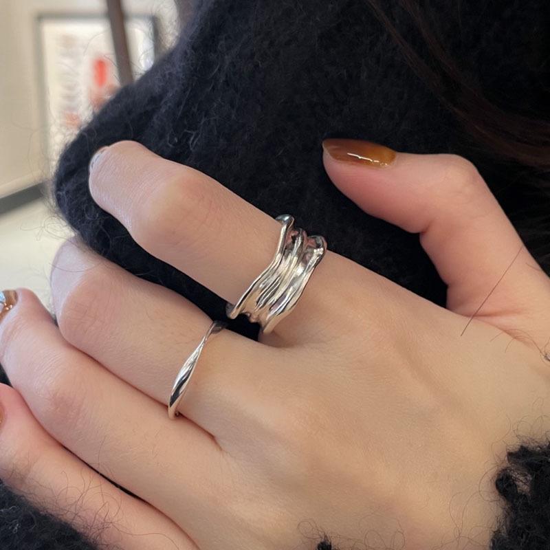 Korean INS Niche Design: 925 Sterling Silver Minimalist Irregular Pleated Texture Open Ring for Women