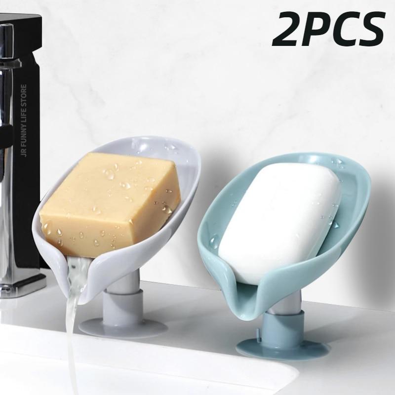 2PCS Suction Cup Soap Dish For Bathroom Shower Portable Leaf Soap Holder Plastic Sponge Tray For Kitchen Bathroom Accessories