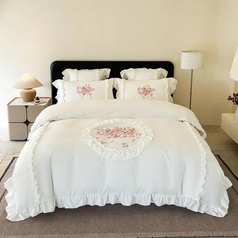 

Комплект постельного белья с вышивкой «Розы» Двуспальный Кинг Сайз Королевский Размер Розовый Для Спальни Девочек Пододеяльник Простыня Плоская/На резинке Наволочки 1.8m sheet 4pcs белый