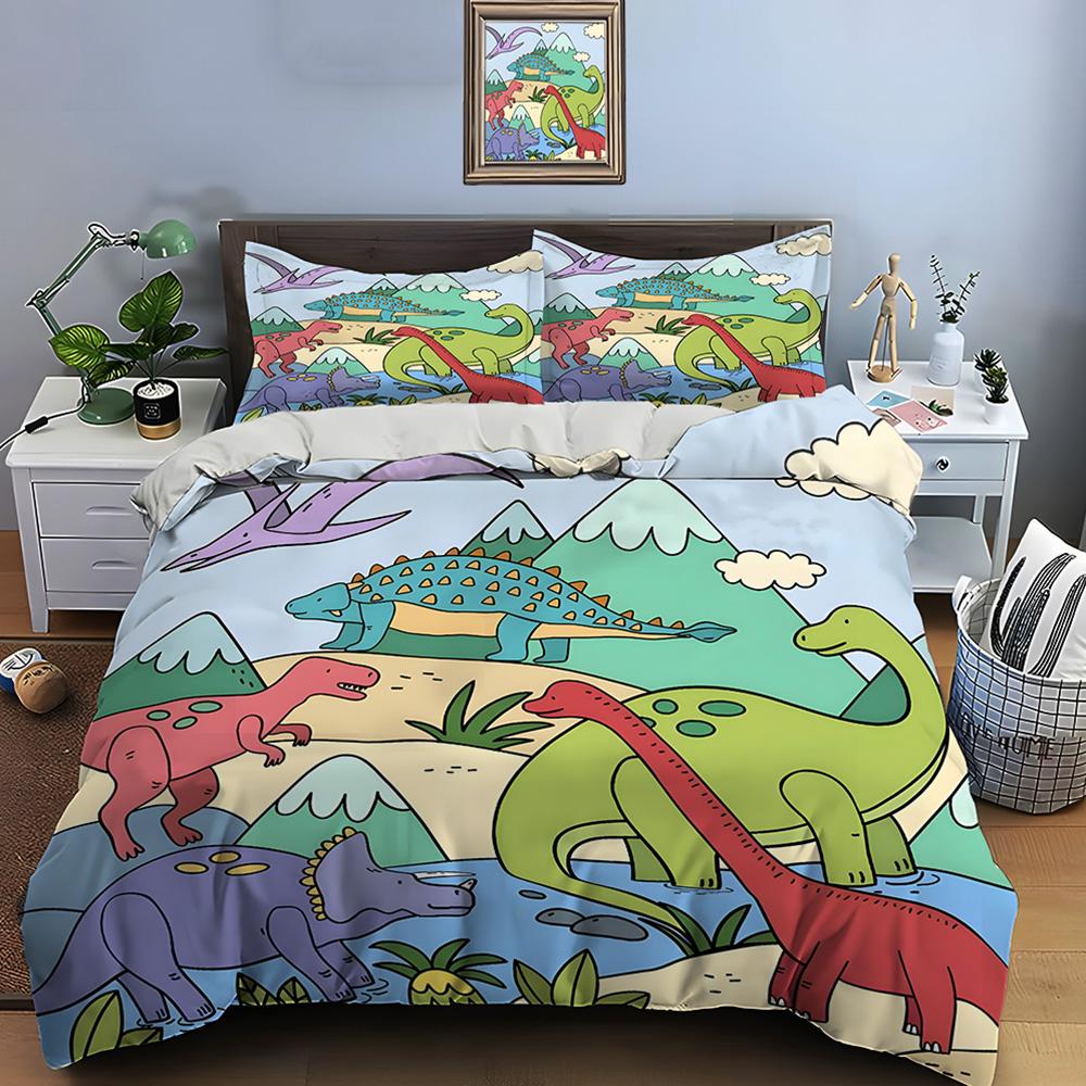 Colorful Dinosaurs In Natural Scene Print Bedding Set 1 Duvet Cover 2 Pillowcases for Adult and Children Luxury Gift Full Size