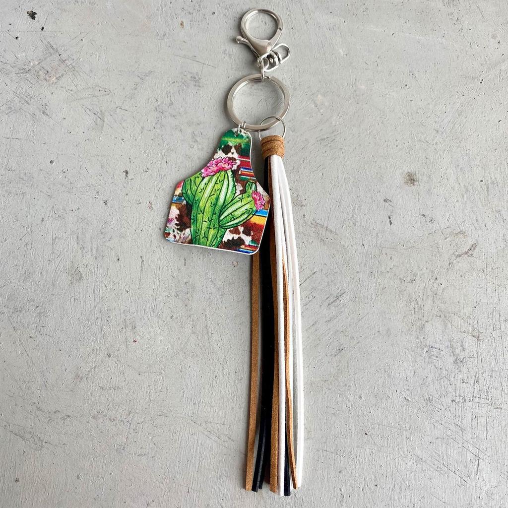 Keychain Western Denim Pendant Cactus US Flag Leather Keychain Multi Color Ethnic Style Pendant
