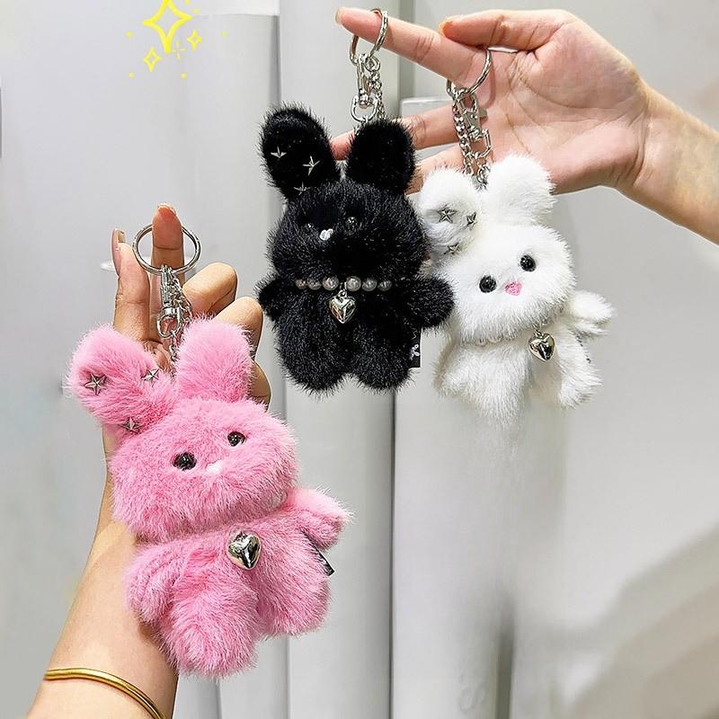 With Rabbit Pearl Necklace Plush Keychain Toy Pendant Cartoon Doll Kids Gift