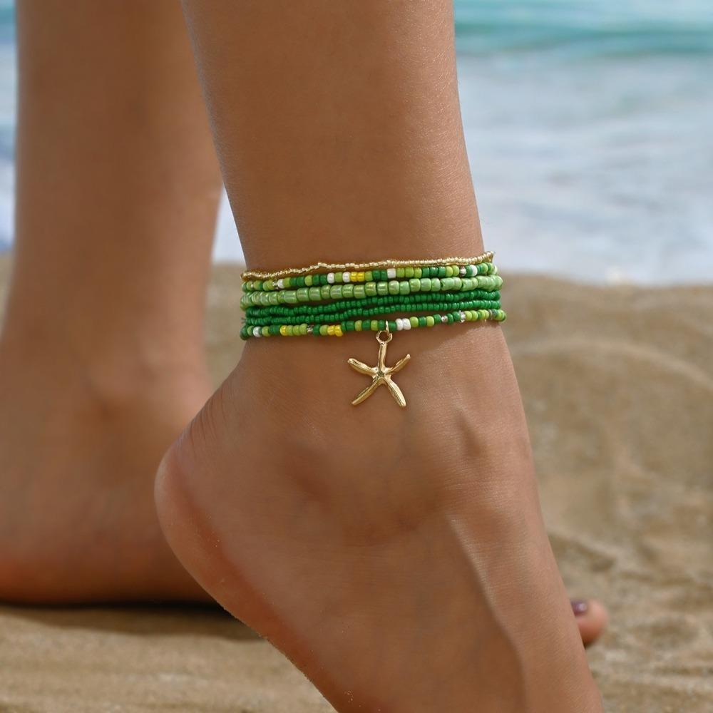 6 Stück mehrschichtige Urlaubs-Seestern-Mehrschicht-Fußkettchen Dehnbares Fußkettchen-Set Modischer Strand-Schmuck