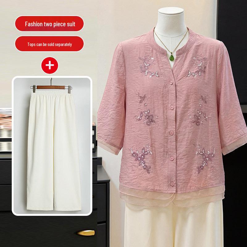 Elegant Summer Cotton-Linen Suit: Short-Sleeved Top for Women in Their Fifties, Chinese Style