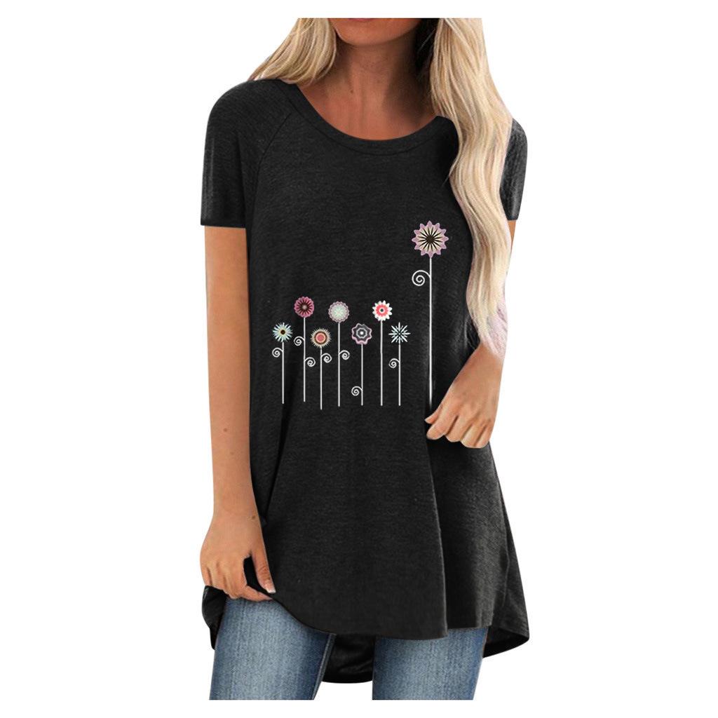 2022 Summer Casual Plus Size Round Neck Solid Color Loose Short Sleeve Printed T-Shirt