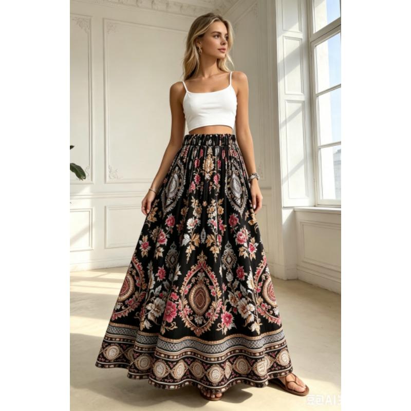 Gonna Lunga da Donna con Stampa Floreale Ditsy Rossa e Bianca, Stagione Unica, Vita Elastica Boho, Mezza Gonna Svasata