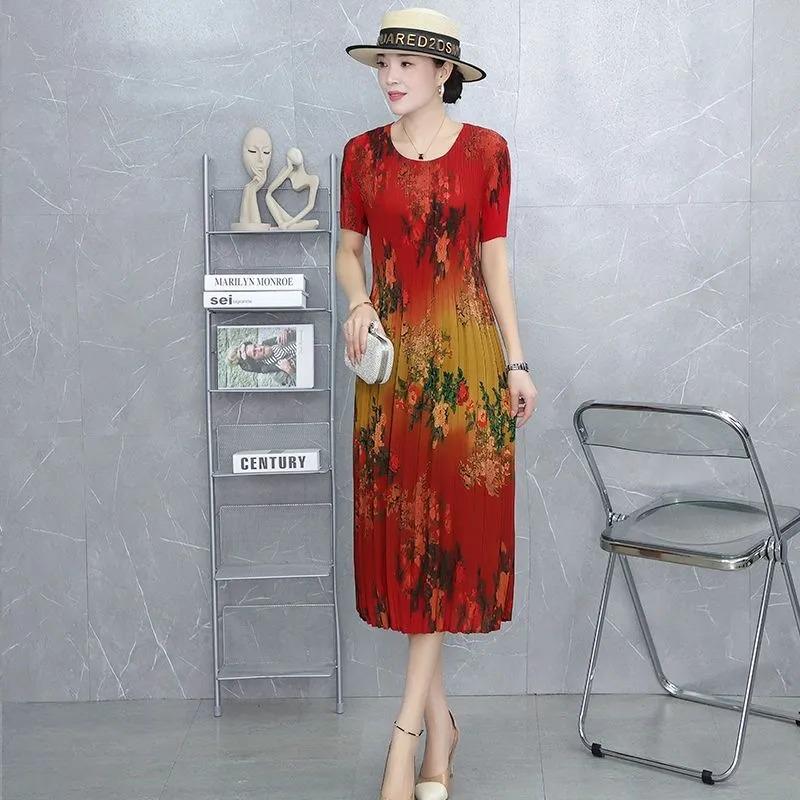 

Женское макси-платье с плиссировкой, зеленым и желтым цветочным принтом, повседневное, свободного кроя, с короткими рукавами XL красный