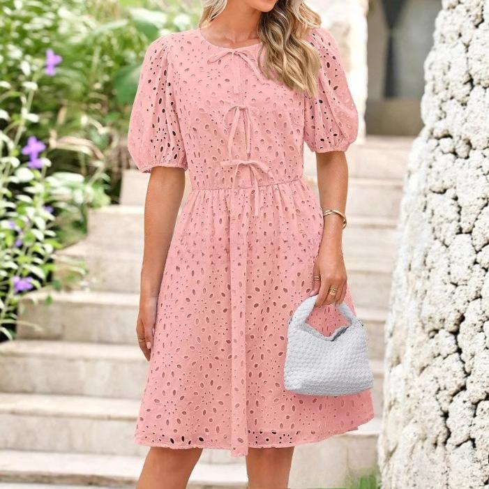 VEZFAA Damesmode Zomer Lente Effen Kleur Print Korte Mouw O-hals Hoge Taille Casual Jurken