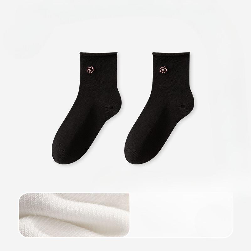 Female Autumn Lovely Flower Embroidery 10A Class Antibacterial Deodorant Roll Edge Loose Boneless Tube Socks