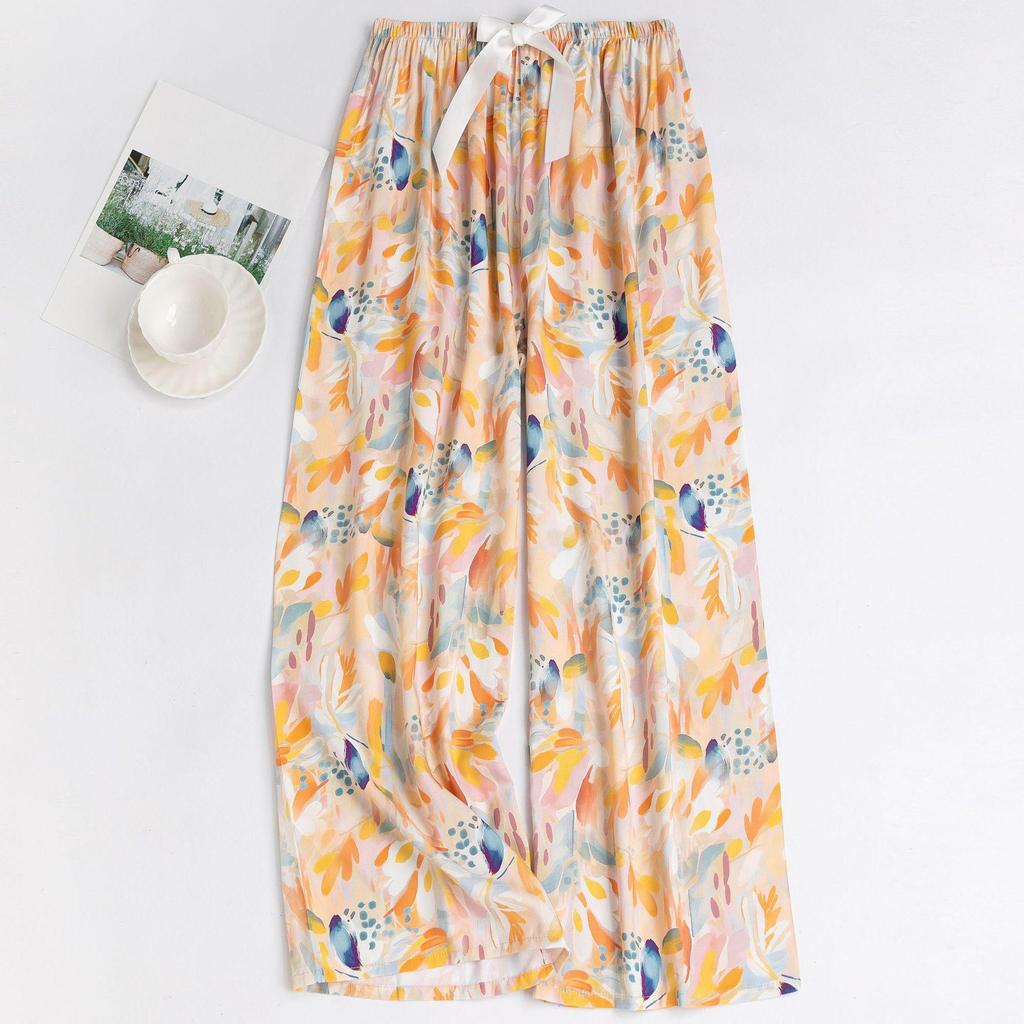 Women's Floral Cotton Silk Pajama Pants, Mosquito Repellent, Outdoor & Home Wear, Plus Size, Lightweight Summer Style.