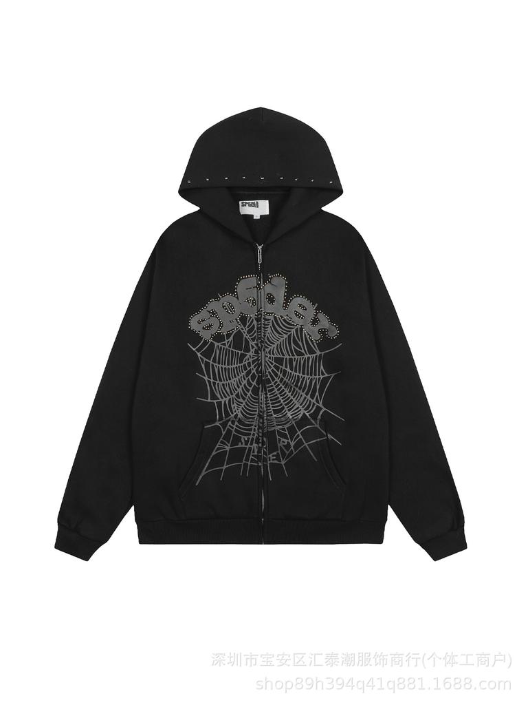 Sp5der555555 Grensoverschrijdend Velours Hoodie Trainingspak Set met Spinnenweb Print