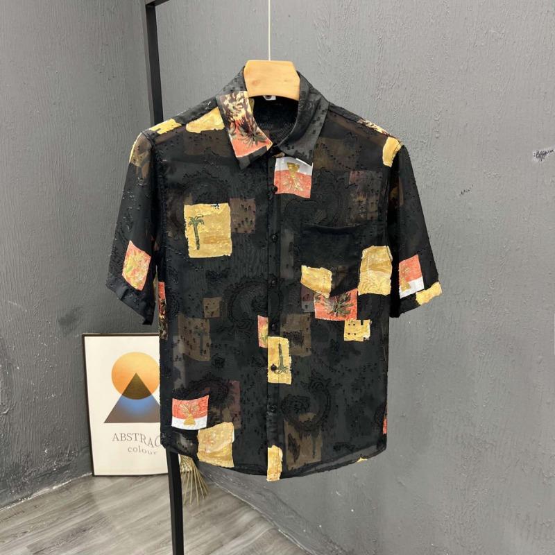

Mens Sheer Patchwork Print Short Sleeve Shirt Casual Button Down Shirt with Pocket for Summer S чёрный