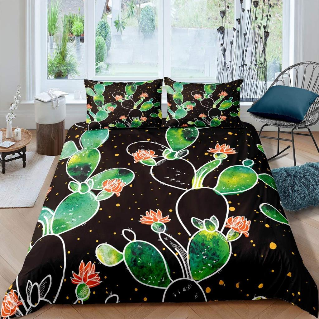 Tropical Botanical Bedding Set Bulbous Cactus Sketch Drawing Comforter Cover Cute Desert Plants Duvet Cover Flower Quilt Cover