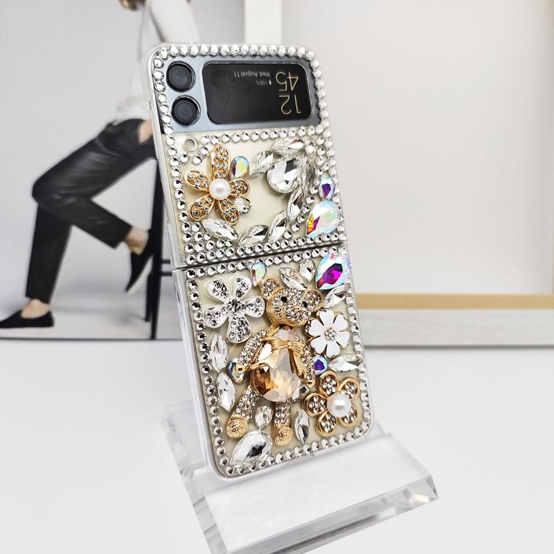 Luxury Bling Diamond Gem Bear Flower Glitter Phone Case For Samsung Galaxy Z Flip 4 5g Z Flip 3 Flip3 Zflip Case Cover