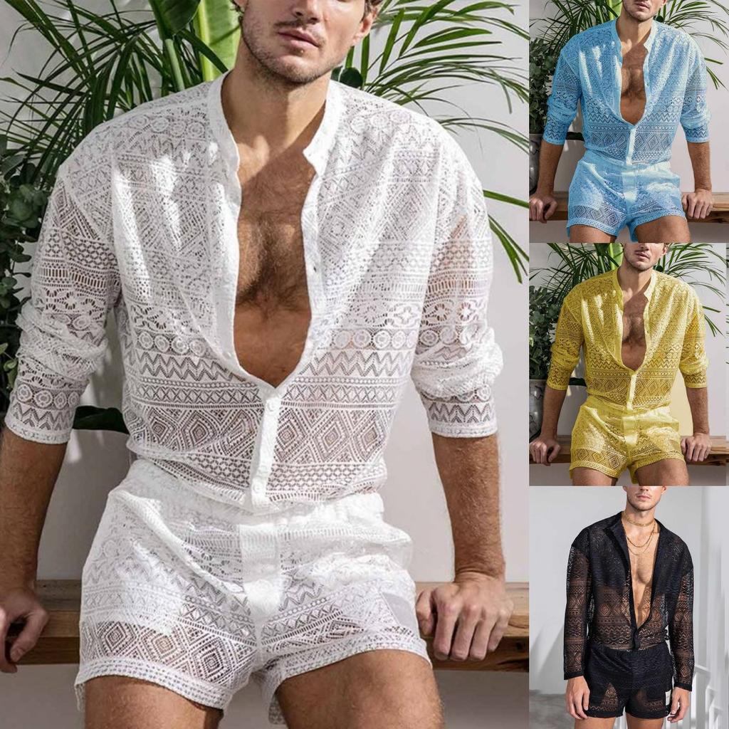 Hollow Out Sexy Lace Suit Fashion Long Sleeve Shirt Casual Shorts Men'S Clothing Suit Solid Color Matching Summer Suit for Male