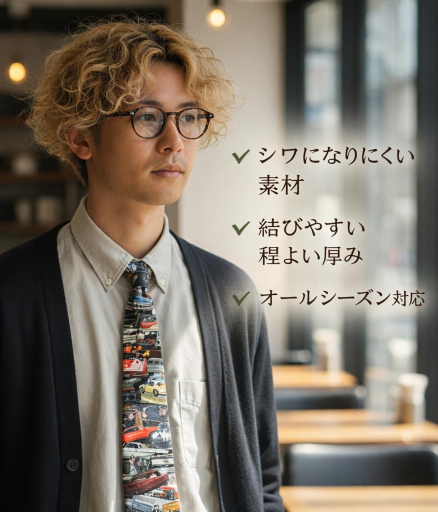 [HANG OVER] Necktie, Car, Classic Car, Vintage Car Pattern, Silk Touch Polyester, 8cm Wide, All-over Print, Motorsport Style, Men's Gift, Tie2602-05