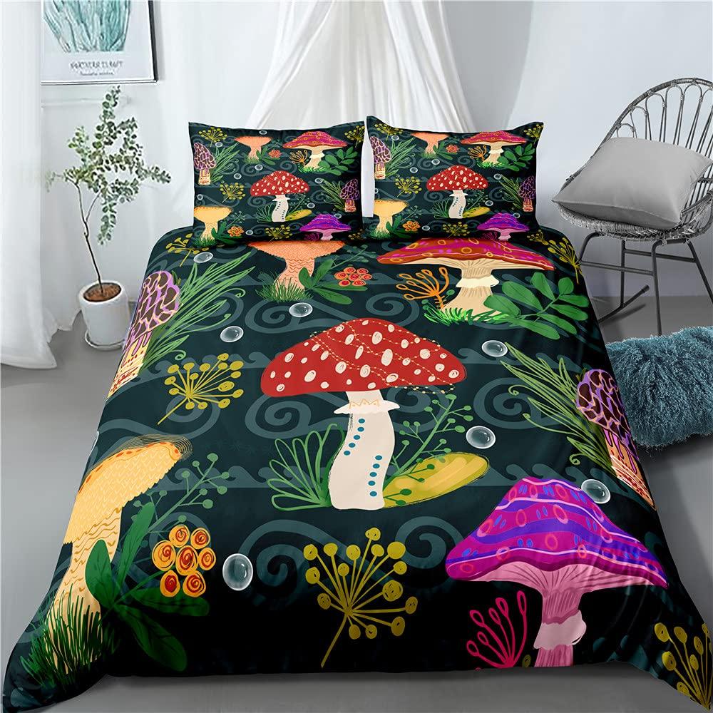 Mushroom Duvet Cover Colorful Gold Pattern Cartoon Plant Beddings for Teen Boys Girls Kids,Queen/King Microfiber Comforter Cover