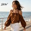 Breathable Women Shirts Summer Off-Shoulder Shirt, Long Sleeve Casual Halter Top, Shirt Solid Color Loose Satin Blouse for Daily Office