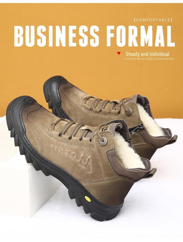 Vintersnøstøvler for menn: Ekte skinn, Tykk fløyel, Utendørs bomullssko med ullfôr for varme