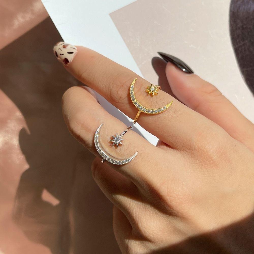 Rhinestone Couple Ring Korean Style Crescent Moon Ring Cute Star Moon Opening Rings  Women