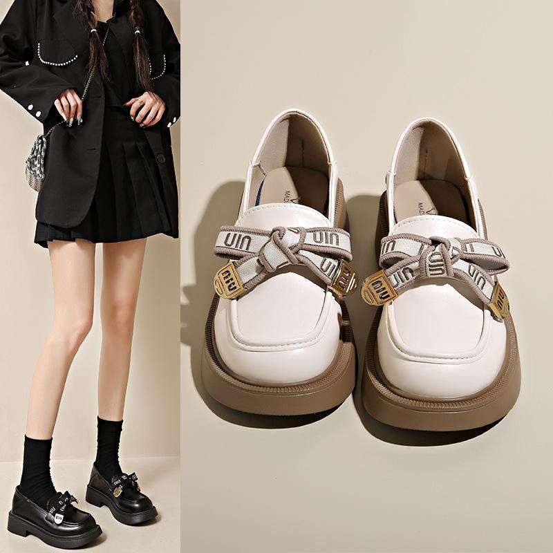 Bow Women's Autumn New Flat-bottomed British Style Light Mouth Small Leather Shoes Single Shoes Women