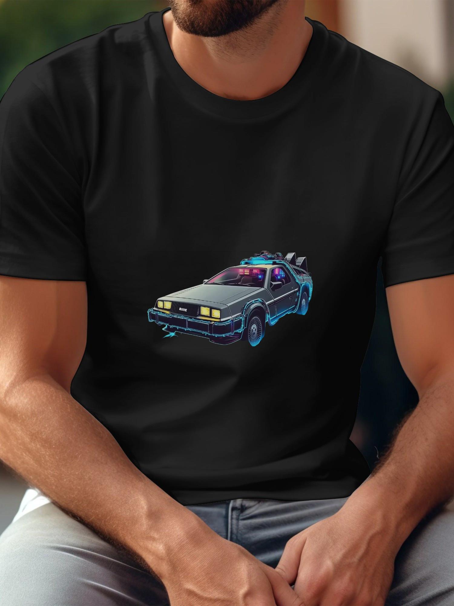 

1pc Back to the Future Retro 80s Graphic T-shirt - Black 180g Cotton Crew Neck Short Sleeve Tee with Single-Sided Neon DeLorean Time Machine Print S