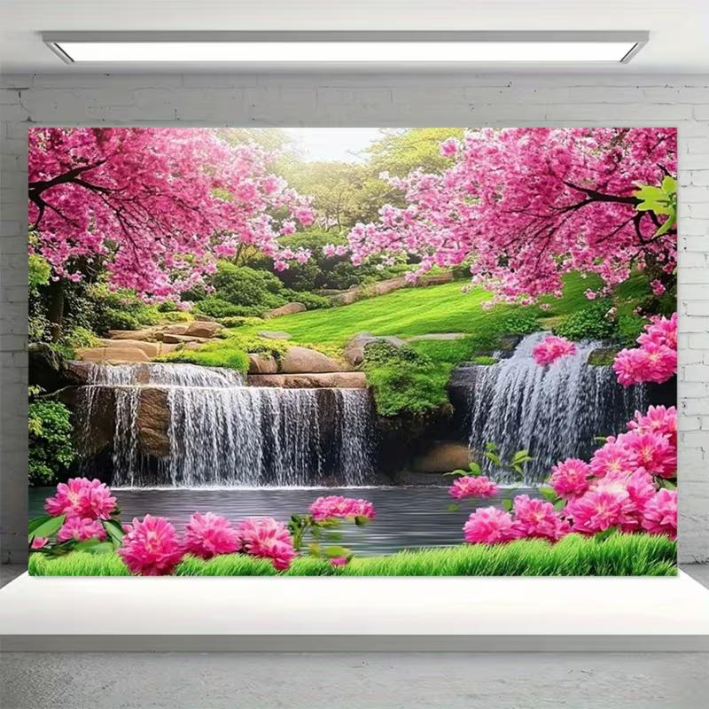 2D Vibrant Pink Flower Waterfall Backdrop for Studio & Party Decoration