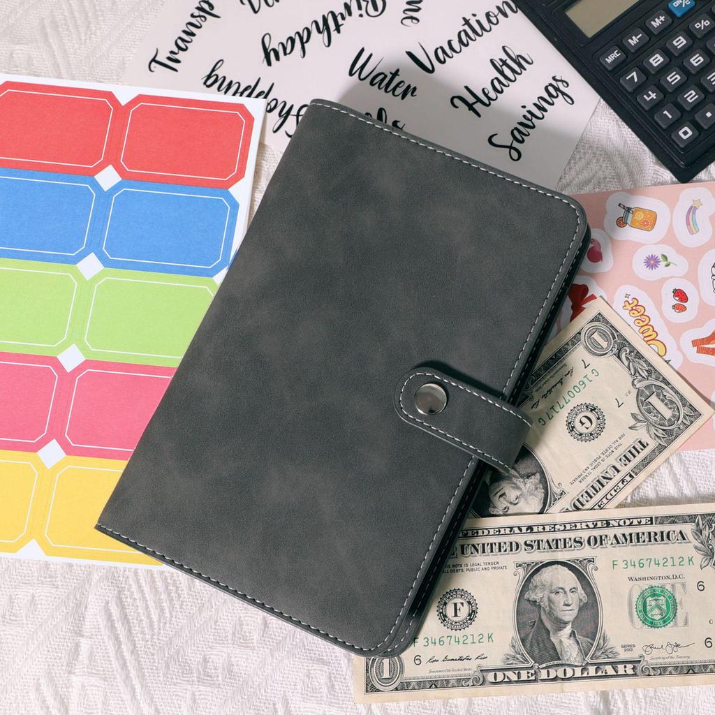 A6 Macaroon Leather Notebook Binder with 12 Refillable Zippered Pockets for Bills and Coins
