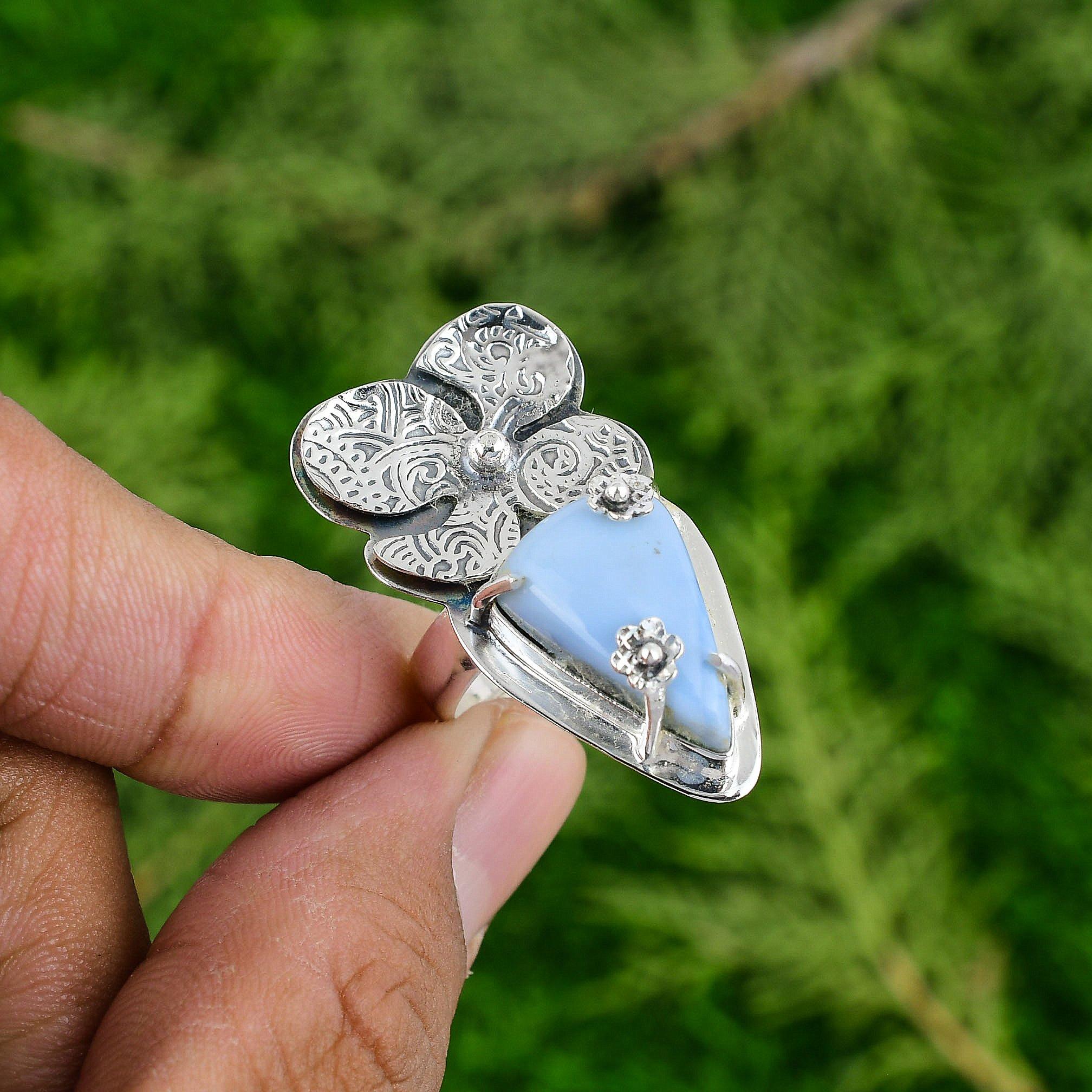 

Sterling Silver Trillion Owyhee Blue Opal Gemstone Flower Statement Promise Ring Adjustable