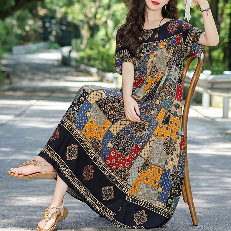 Elegant Summer Loose Dress Woman Vintage Clothes Plus Size Casual Short Sleeve Long Dresses