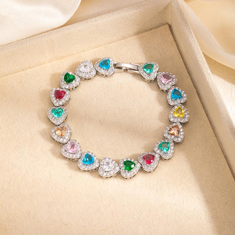 Colorful Zircon Heart Bracelet: Fashionable & Sweet Dopamine Peach Design
