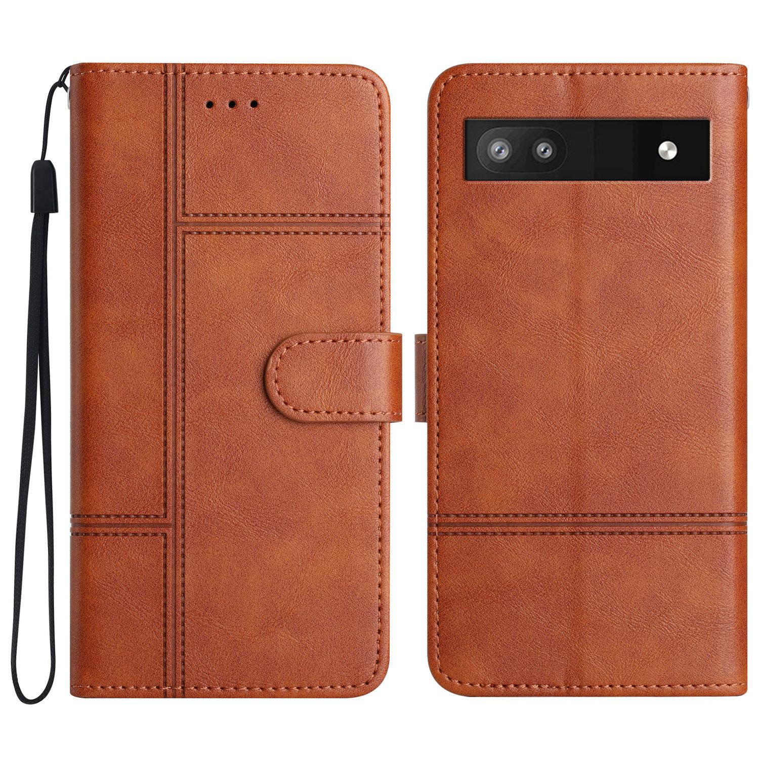 

For Google Pixel 7a PU Leather Cowhide Texture Business Cover Line Imprinted Stand Wallet Phone Case with Strap Brown