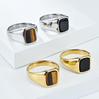 Fashion Vintage Stainless Steel Tigers Eye Balck Stone Signet Ring for Women