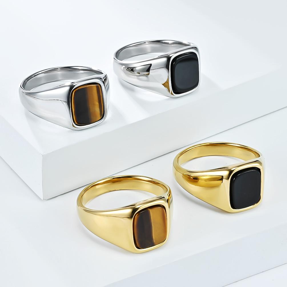 Schwarzer Tigerauge Ring für Männer Polierter Edelstahlring Minimalistischer Unisex-Schmuck Ovaler Cabochon-Stein Moderner Geschlechtsneutraler Ring