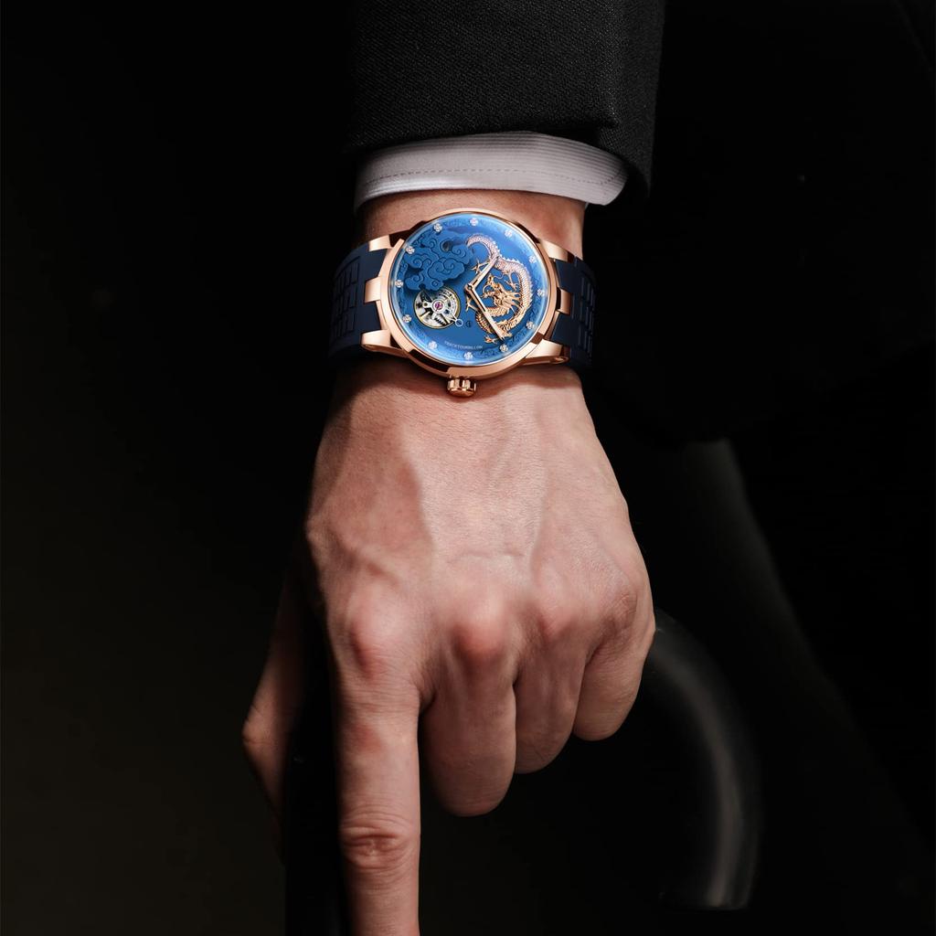 HAOFA Watch Carcel Watch Mechanical Manual Winding 3D Dial Golden Dragon Diamond Watch Waterproof Rubber Strap Luxury Gentleman Gift for Men Men's