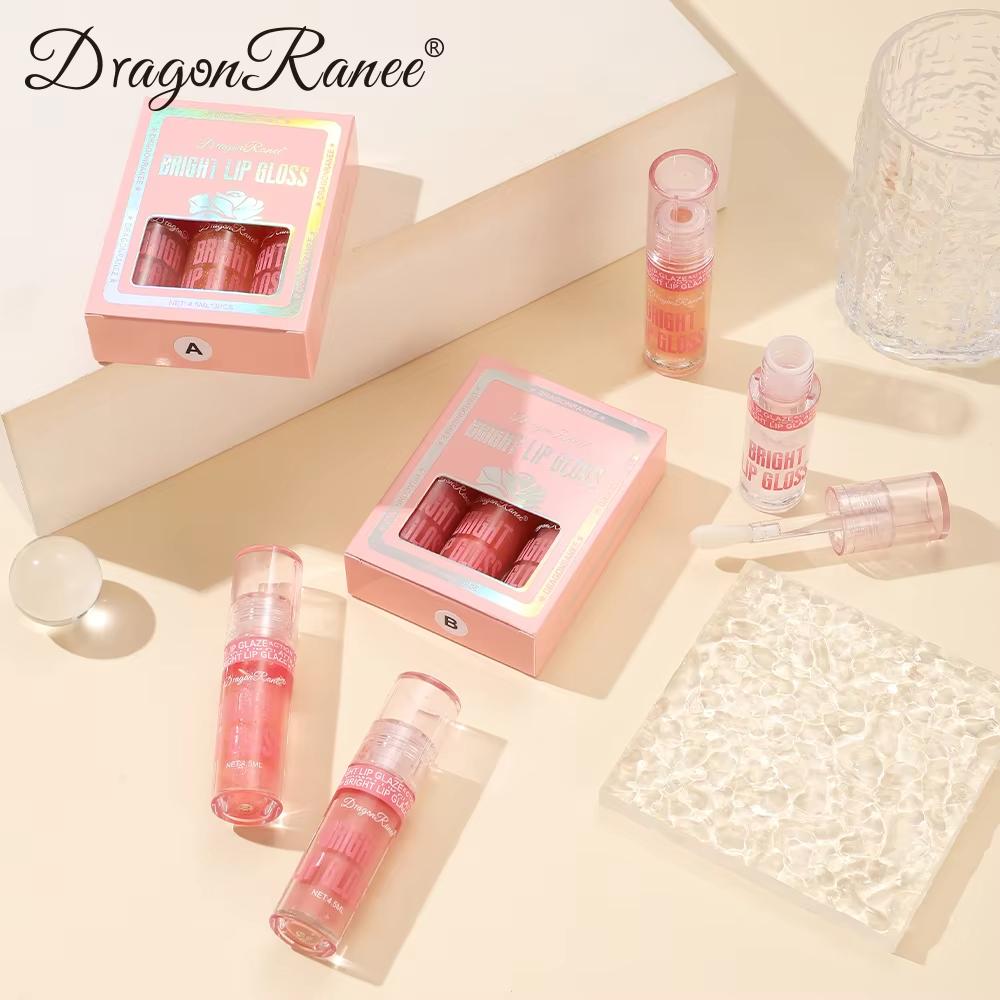 Dragon Ranee 3-Piece Pearl Shimmer Lip Gloss Set with Large Brush Applicator Glossy Mirror Finish Lip Gloss