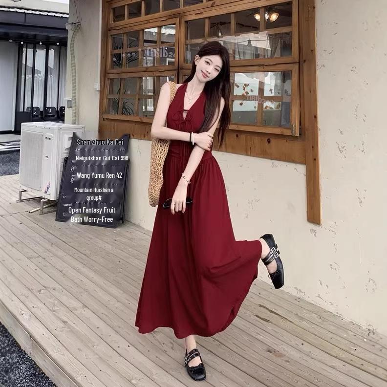 Korean Chic Backless Summer Dress - Solid Color, Unique Style, Long Girly Design