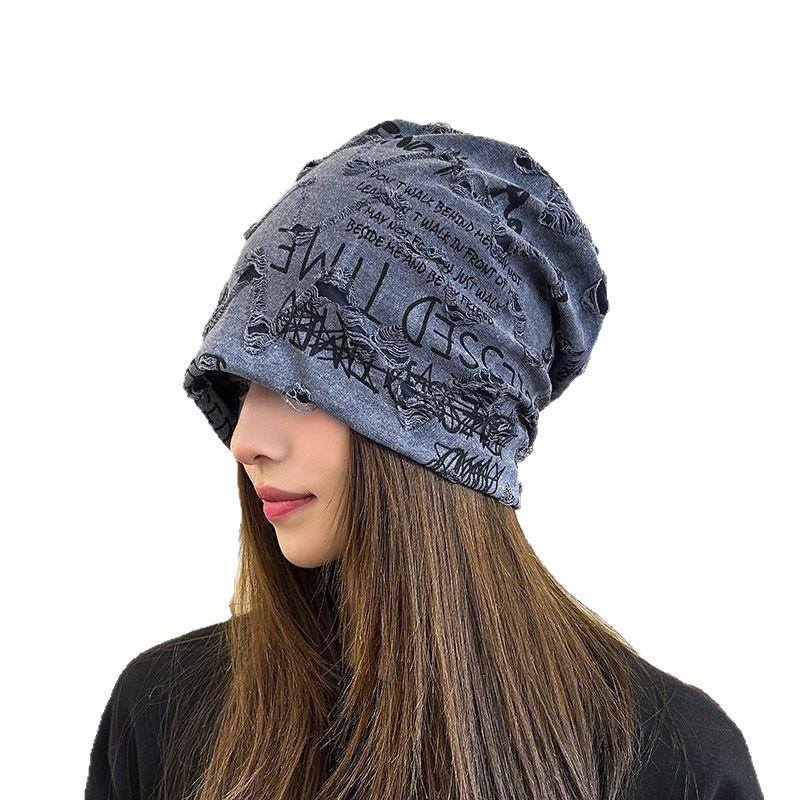 Korean Style Double Layer Graffiti Letter Frayed Women's Beanie - Breathable & Thin Postpartum Head Covering