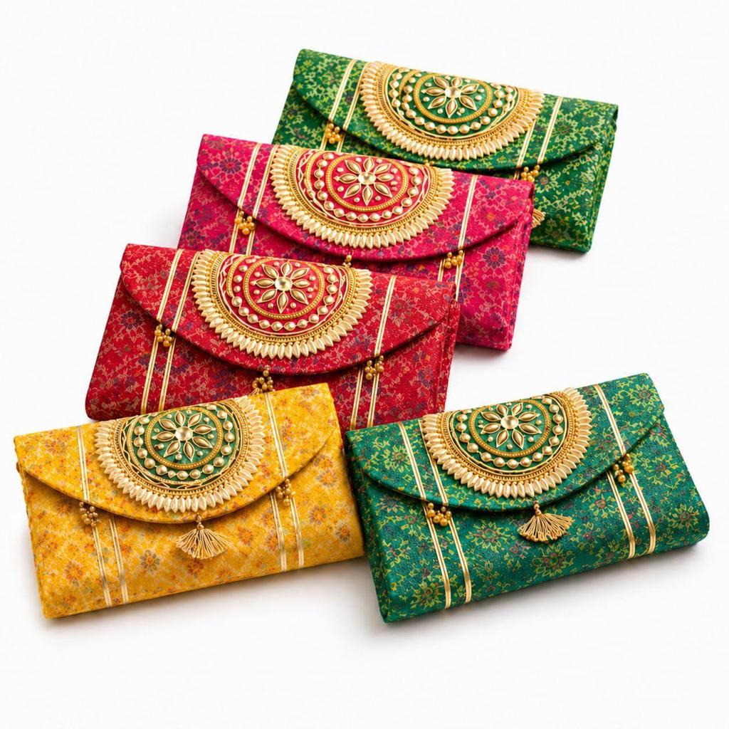 Women Ethnic Embroidered Clutch Bag with Golden Handwork & Tassel | Traditional Wedding Party & Festive Shagun Purse