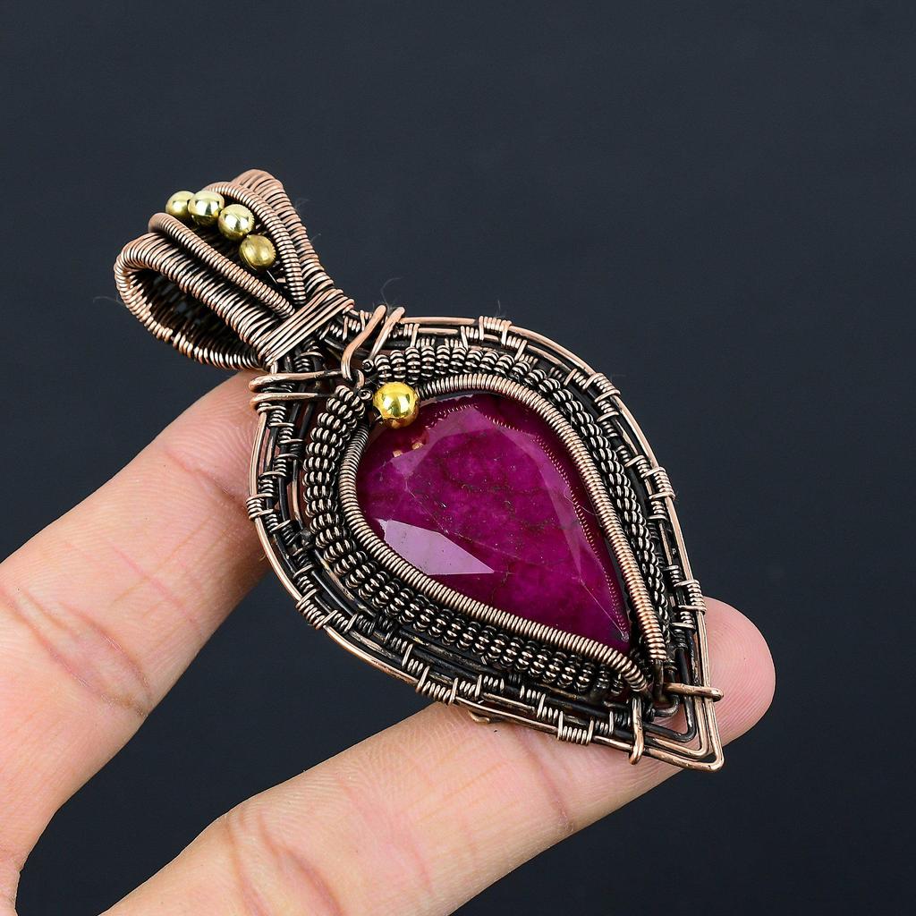 Ruby Pendant Gemstone Jewelry, 999 Copper Wire Wrapped Handmade Pendant, Latest Design Jewelry