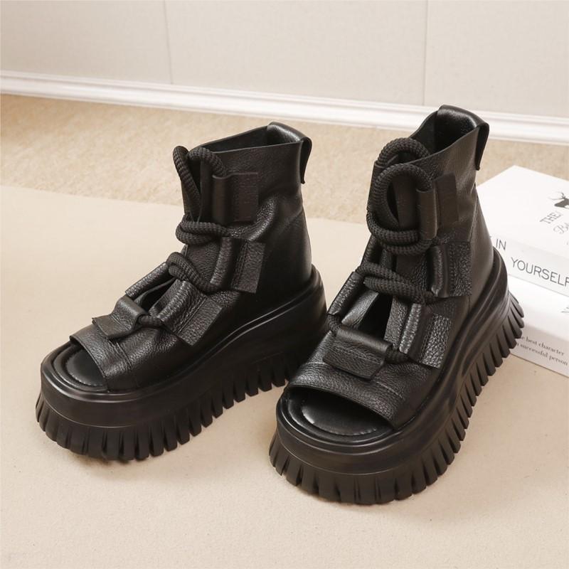 Fashion GKTINOO 2025 Spring Summer New Genuine Leather Thick Soled Peep Toe Roman Sandals Retro Versatile Handmade Women's Shoes