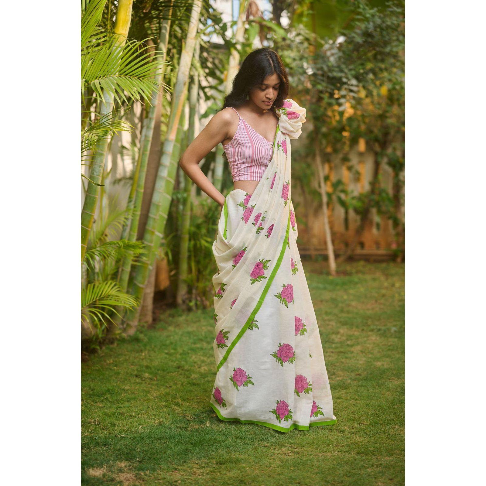 New Launch – Premium Floral Digital Print Linen Cotton Saree