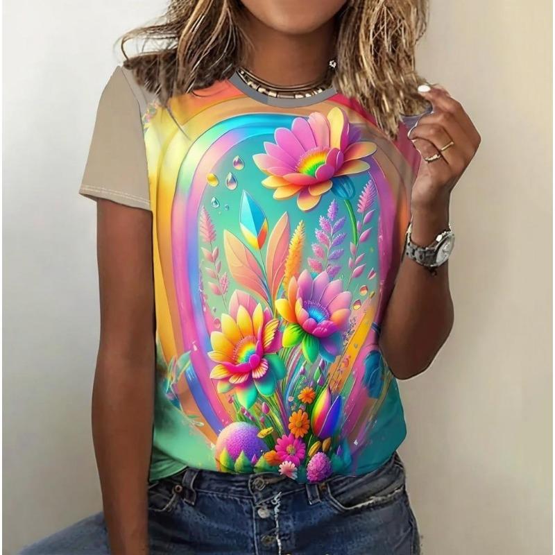 Colorful Floral Printed Women's T-Shirt For Summer Fashions Casual Round Neck Plus Size Tops S-3xl Daily Streetwear Tee 2024 New