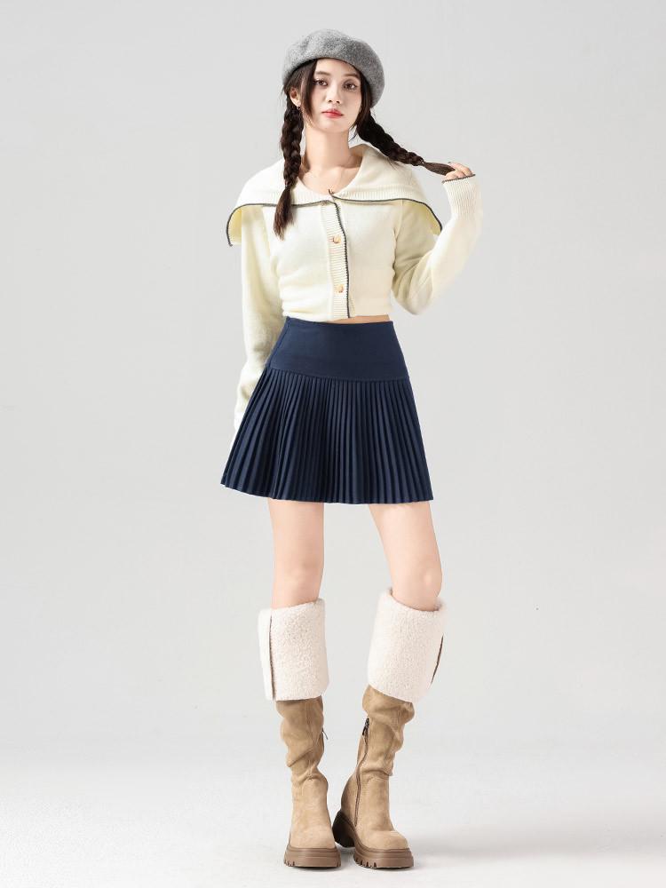 Women's A-Line Pleated Wool Skirt In Dark Gray - Retro College Style, High Waist, Plus Size, Slimming for Spring 2026