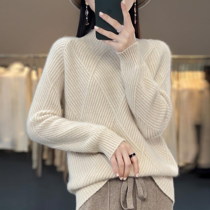 Women's Autumn-Winter Wool Knit Sweater - Half-High Collar, Solid Color, Slimming Pullover with Long Sleeves