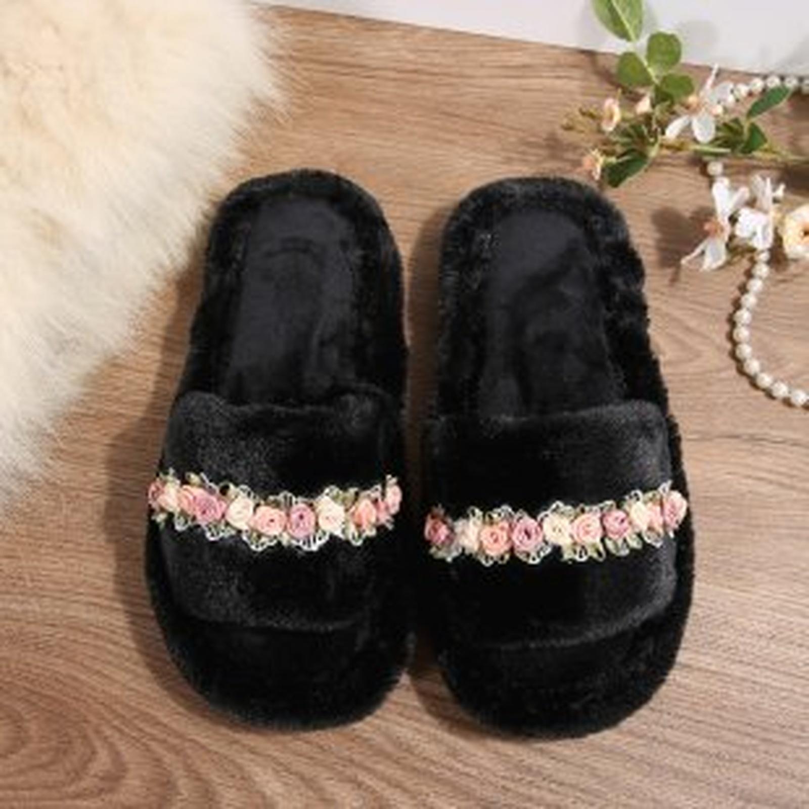 

Floral Plush Slippers For Women Comfortable Slides Flat Indoor - Sandals Home Slipper 38