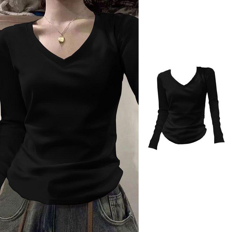 

V-neck Pullover Base Layer Top for Women In Spring/autumn, New Style, Long-sleeved, Fitted, Basic Style, Slimming Top M чорний