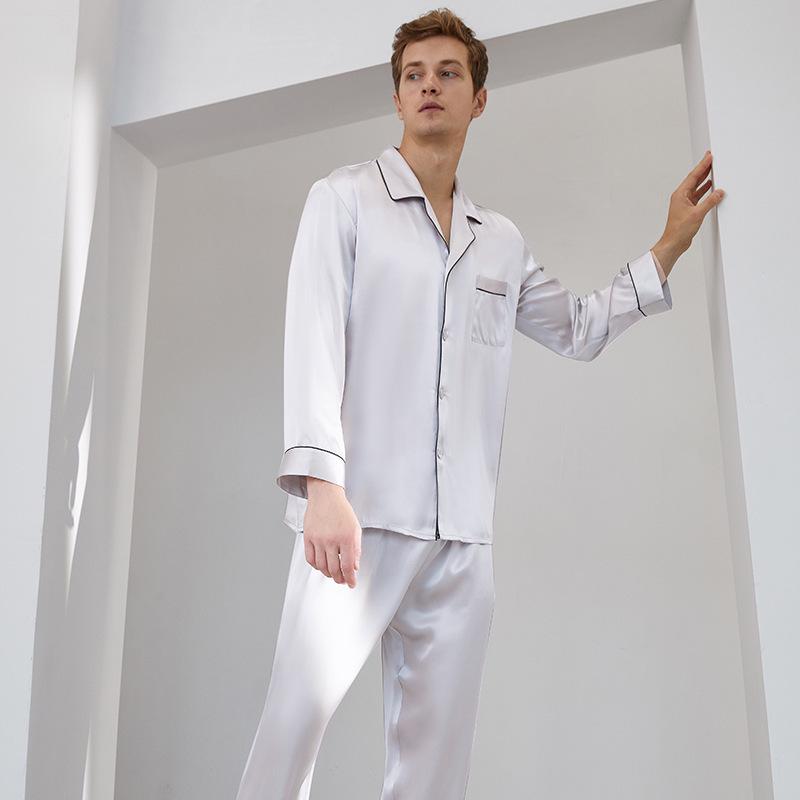 Men's Silk Pajama Set: Butterfly Embroidered Long Sleeve Top & Pants, 100% Mulberry Silk